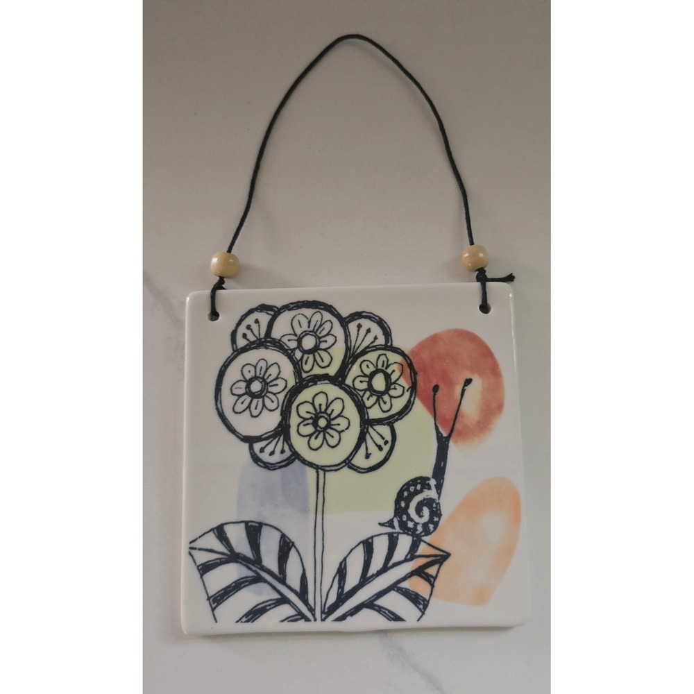 New Ceramic Wall Plaque Snail  Flower Hand Painted Whimsical Decor Hanging Art